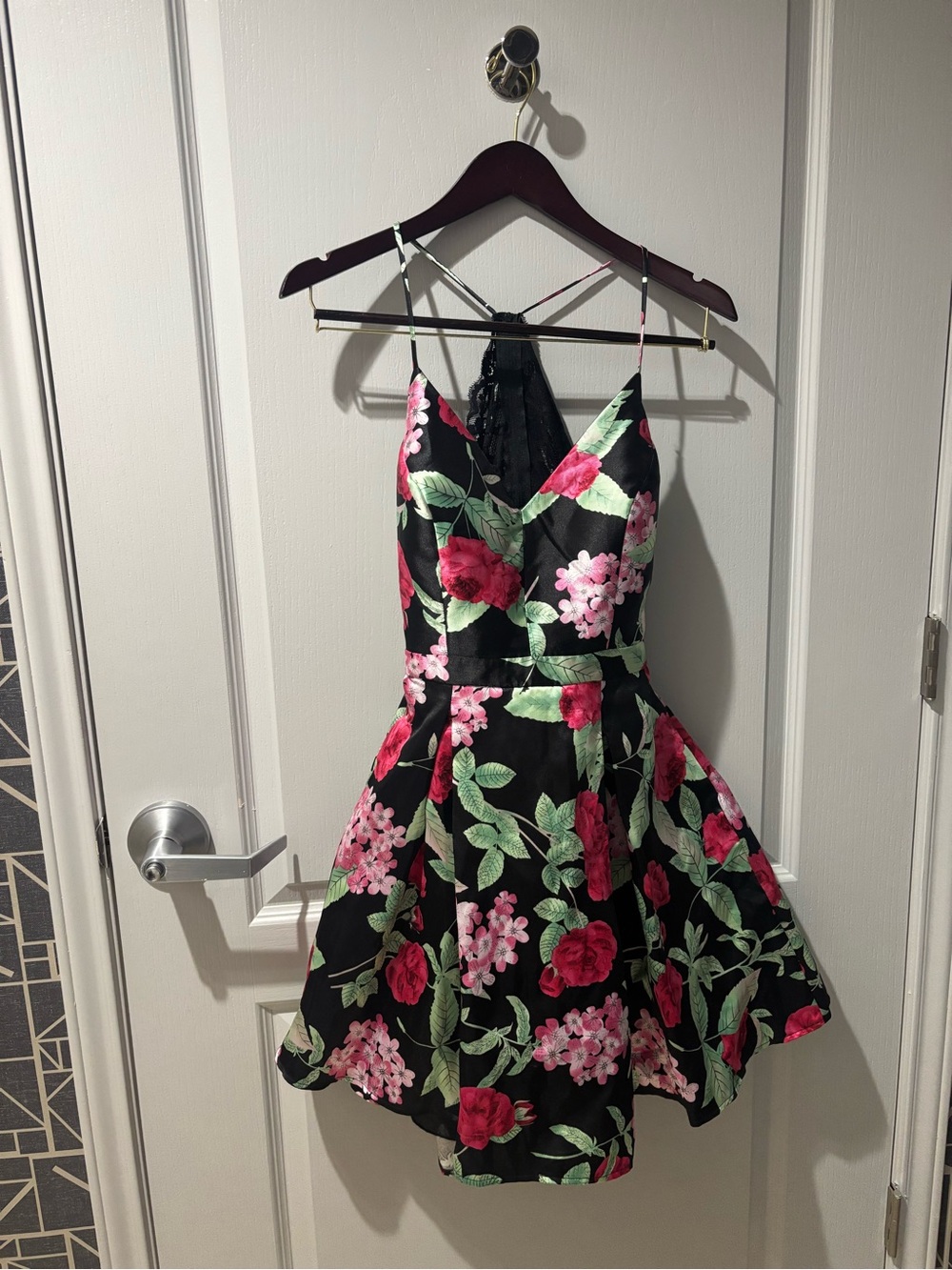 B. Smart Black Mini Dress with Pink & Green Floral Print